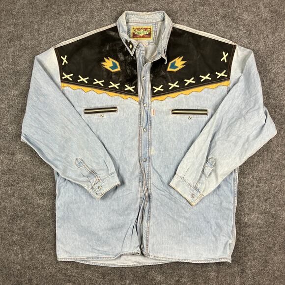 Trade Mark Shooter Western Shirt Mens 2XL Light Wash Denim Embroidered - Picture 2 of 9